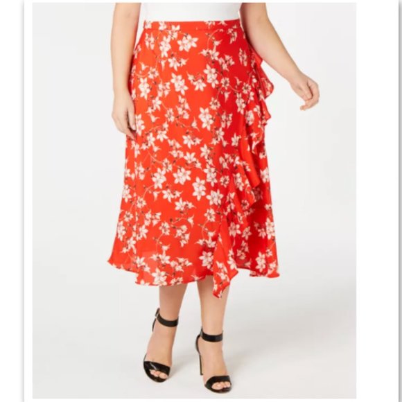Calvin Klein Dresses & Skirts - NWT Calvin Klein Ruffle Floral Midi Skirt Red 14